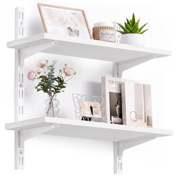 Mifurn 2-Tier Floating Shelves for Wall, 18.9" Adjustable Wall Track Wood Shelves, White