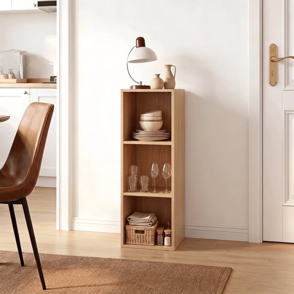 Mifurn 3 Cube Storage Organizer, Oak 3-Tier Bookshelf with Closed Back Panel, Wooden Bookcase for Living Room Bedroom Office