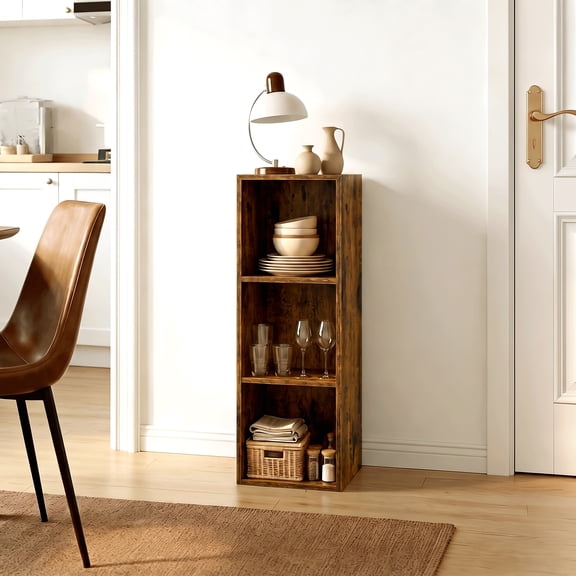 Mifurn 3 Cube Storage Organizer, Rustic Brown 3-Tier Bookshelf with Closed Back Panel, Wooden Bookcase for Living Room Bedroom Office