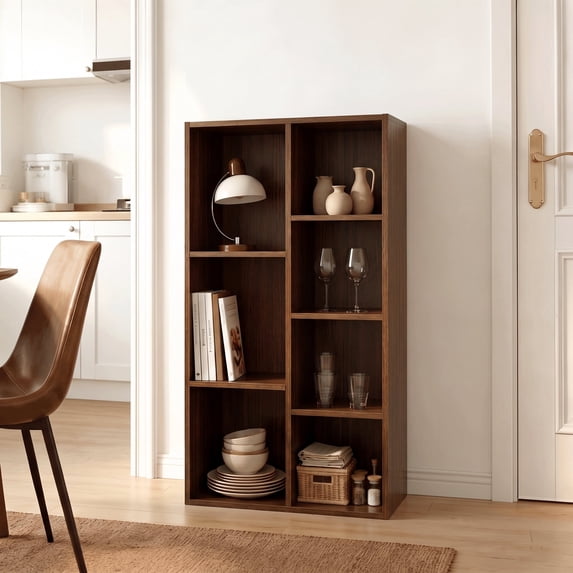 Mifurn 7-Cube Storage Organizer, Cube Bookcase with Closed Back Panel, Open Shelf Bookshelf for Bedroom Living Room Office, Walnut