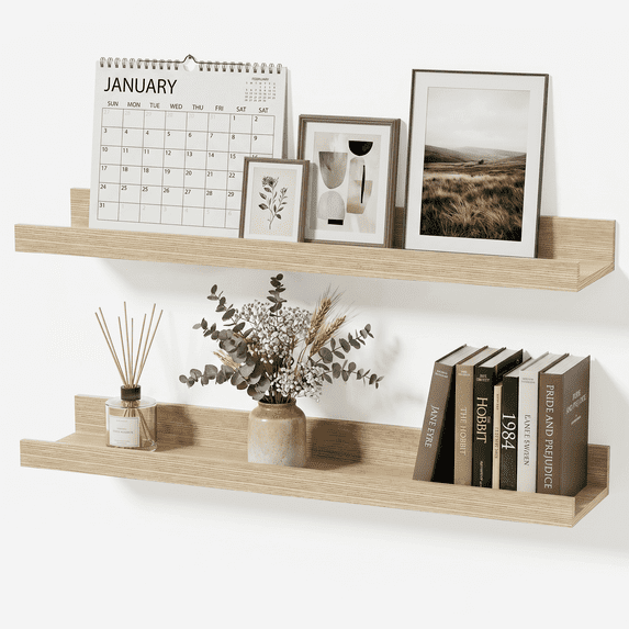 Mifurn 24'' Wood Floating Shelves for Wall Picture Ledge Shelves, Set of 2, Oak