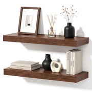 Mifurn Walnut 23.6'' Floating Shelves for Wall, Set of 2 Wall Mounted Wood Shelves for Bedroom, Bathroom, Kitchen