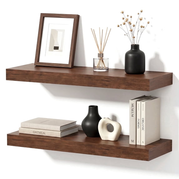 Mifurn Walnut 23.6'' Floating Shelves for Wall, Set of 2 Wall Mounted Wood Shelves for Bedroom, Bathroom, Kitchen