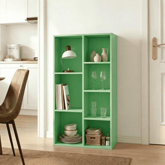 Mifurn 7-Cube Reversible Open Shelf Bookcase, Storage Organizer, Light Green