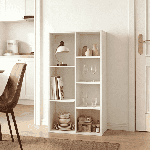 Mifurn 7-Cube Storage Organizer, Cube Bookcase with Closed Back Panel, Open Shelf Bookshelf for Bedroom Living Room Office, White