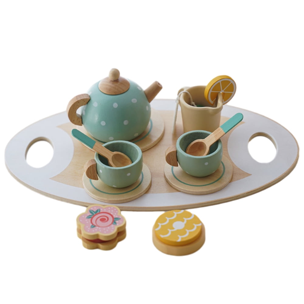 MigCen 15 Pcs Wooden Tea Set Pretend Play Kitchen Accessories for