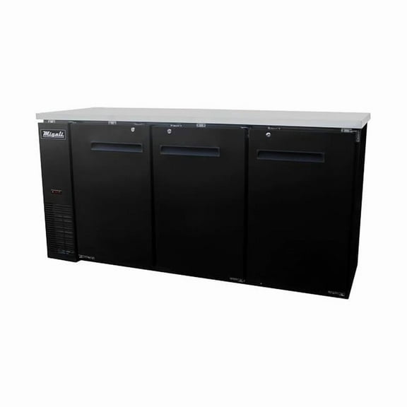 Migali  72.8 in. 19.6 cu. ft. Competitor Series Refrigerated Back Bar Cabinet 3 Solid Doors, Black & Stainless Steel