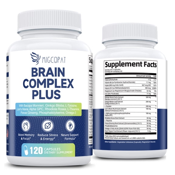 Migcopat 15-in-1 Brain Supplement, Supports Mental Clarity, Cognitive Health & Neuro Function, Non-GMO, Gluten Free, 120 Capsules