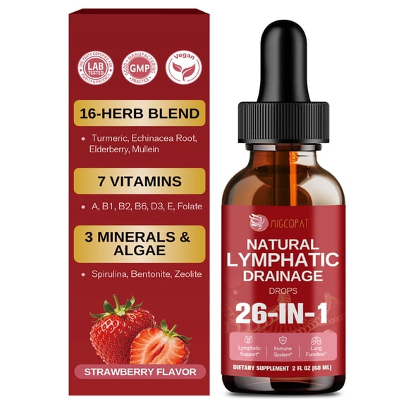 Migcopat 26-in-1 Liposomal Lymphatic Drops, Supports Immune & Circulatory Wellness, Vegan, Strawberry, 2 fl oz