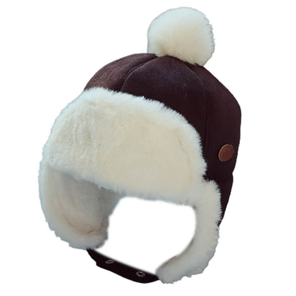 Mightlink 0-2 Years Baby Boys Hat Plush Lining Ear Flap Autumn Winter Infant Thick Warm Plush Ball Cap for Daily Wear