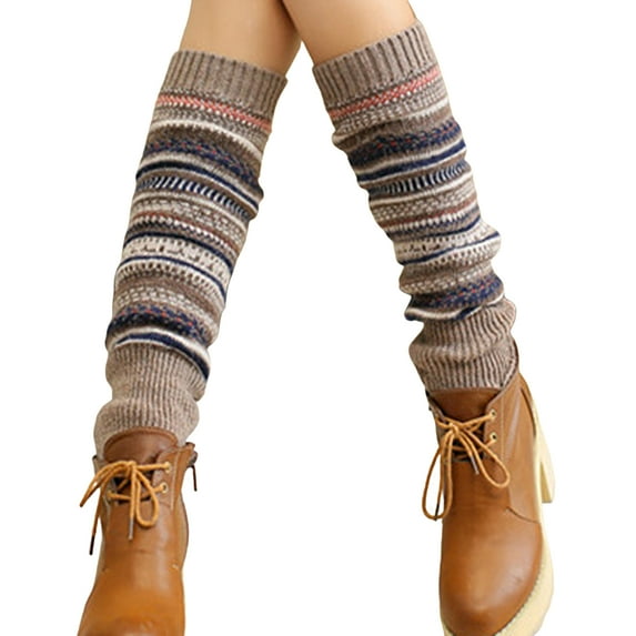 Mightlink 1 Pair Ethnic Style Striped Print Ribbed Cuffs Knee High Knitted Leg Warmers Autumn Winter Women Warm Boot Stockings