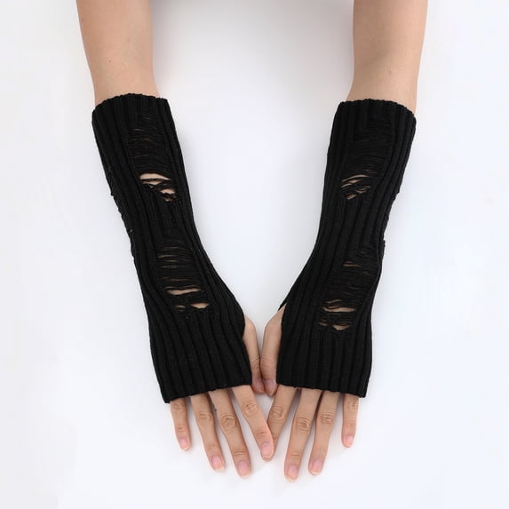 Mightlink 1 Pair Ripped Fingerless Knitted Gloves,Fall Winter Arm Sleeves Gloves for Cycling High Elasticity Non-slip Keep Warm Windproof
