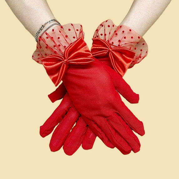Mightlink 1 Pair Women Prom Gloves,Full Finger Gloves for Bride,See-through Lace Bow Decor Hollow Out Fishnet Ruffle Edge Gloves