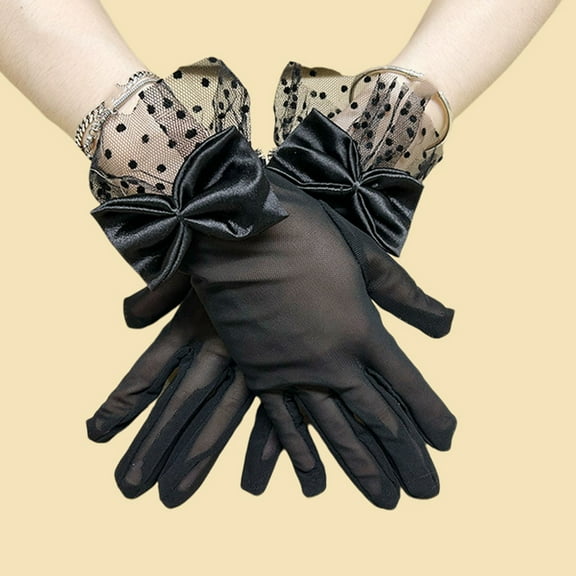 Mightlink 1 Pair Women Prom Gloves,Full Finger Gloves for Bride,See-through Lace Bow Decor Hollow Out Fishnet Ruffle Edge Gloves