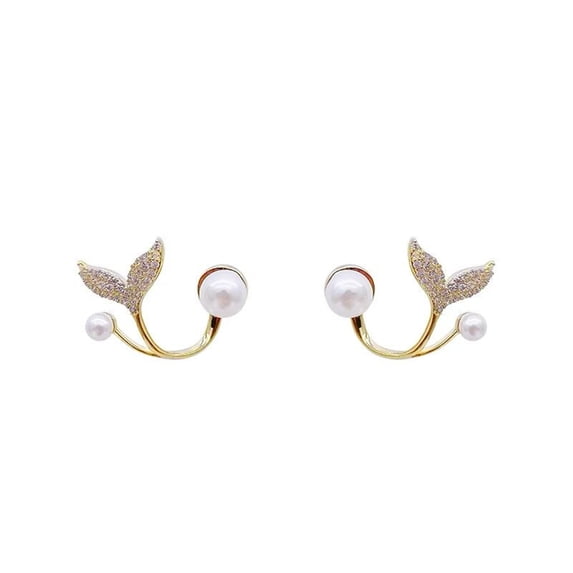 Mightlink 1 Pair Women Stud Earrings Fish Tail Shape Faux Pearl Polished Prom Party Ear Studs Lady Dating Jewelry