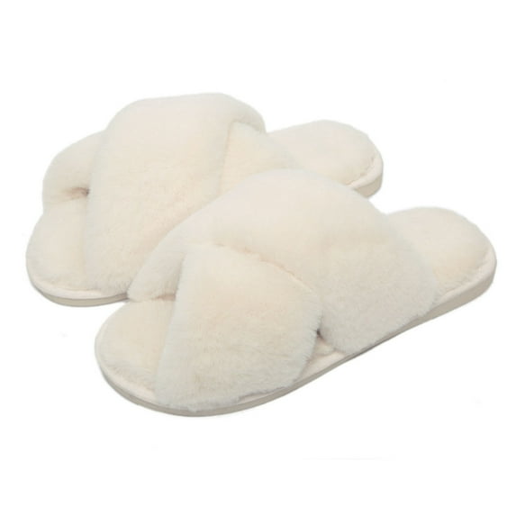Mightlink 1 Pair Women Winter Slippers Cross Non-slip Solid Color Fluffy Faux Fur Soft Soles Flat Heel Slip-on Floor Flip Flops for Indoor