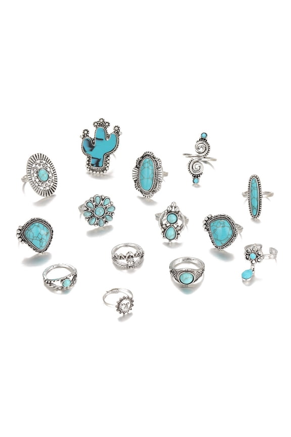 14Pcs/Set Vintage Bohemian Open End Adjustable Ring Set Cactus Sun Shape Faux Turquoise Knuckle Rings Fashion Jewelry Gift