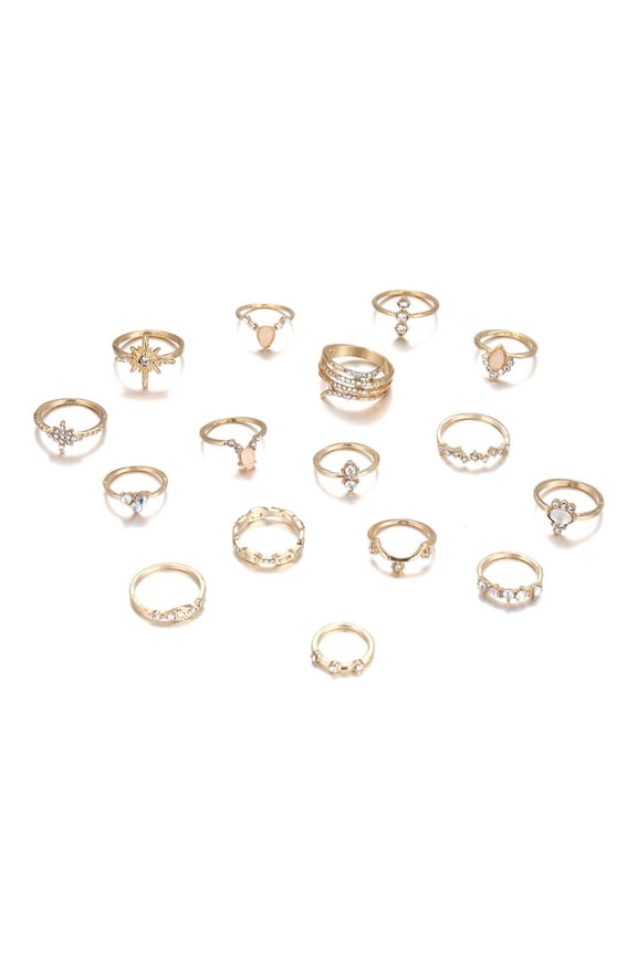 16Pcs/Set Bohemia Style Women Finger Ring Set Geometric Shape Shining Faux Gem Inlaid Knuckle Rings Jewelry Gift