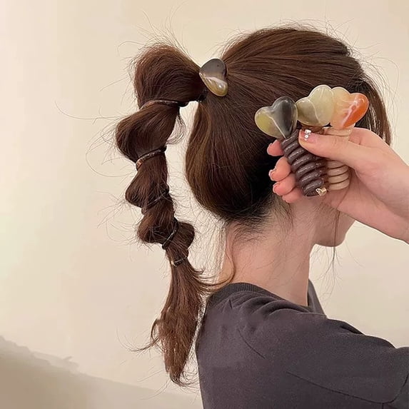 Mightlink 1Pc Women Heart Decor Phone Cord Straight Spiral Hair Tie,Hair Ring Ponytail Braid Fixed Hair Rope Elastic Coils Multi Color Hair Scrunchies Accessory for Girl