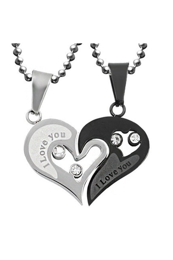 2Pcs Couple Necklaces Shiny Rhinestone Inlaid Sparkling Geometric Memorial Gift Classic Lover Heart Pendant Necklaces Jewelry Accessories for Anniversary