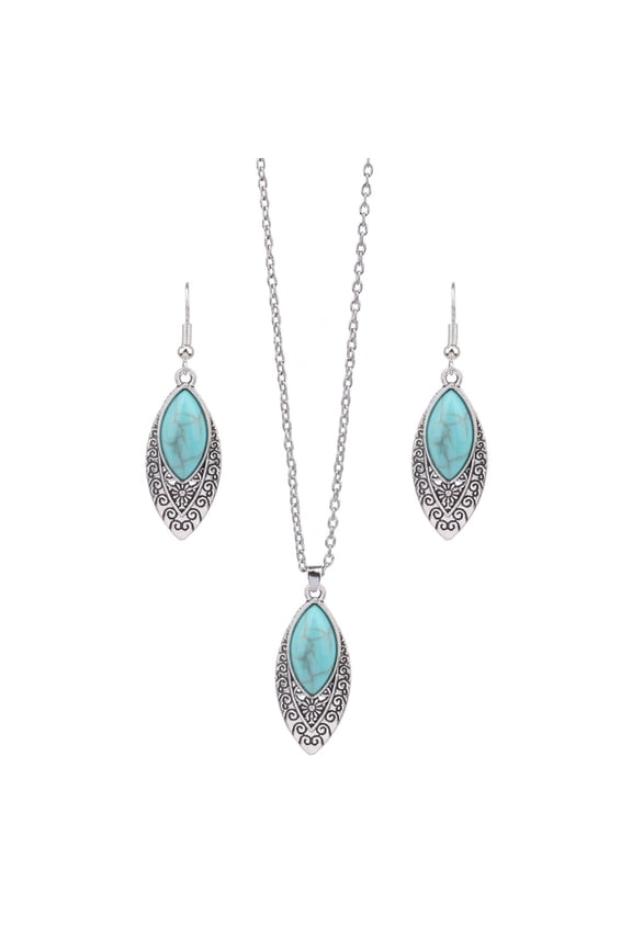 2Pcs/Set Ethnic Style Faux Turquoise Necklace Earrings Set Women Shining Inlaid Pendant Necklace Hook Earrings Jewelry Set