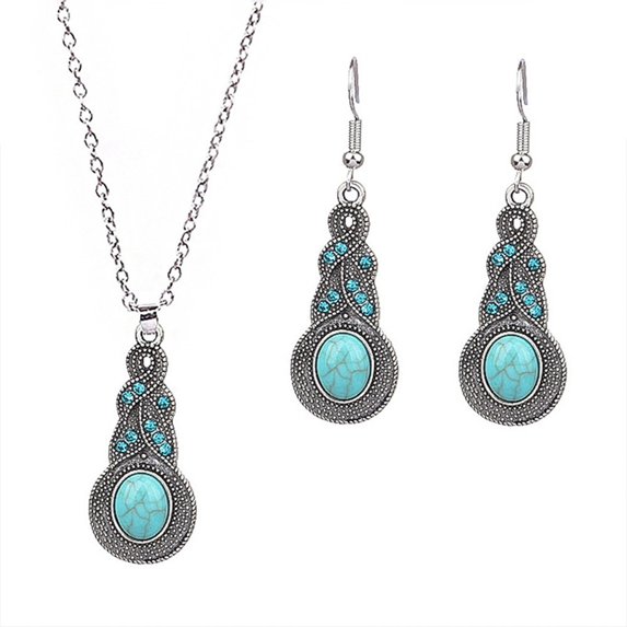 Mightlink 2Pcs/Set Ethnic Style Faux Turquoise Necklace Earrings Set Women Shining Inlaid Pendant Necklace Hook Earrings Jewelry Set