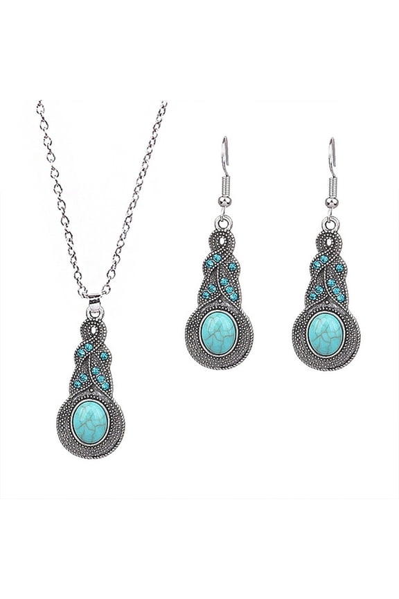 2Pcs/Set Ethnic Style Faux Turquoise Necklace Earrings Set Women Shining Inlaid Pendant Necklace Hook Earrings Jewelry Set