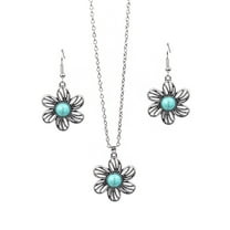 Mightlink 2Pcs/Set Ethnic Style Faux Turquoise Necklace Earrings Set Women Shining Inlaid Pendant Necklace Hook Earrings Jewelry Set