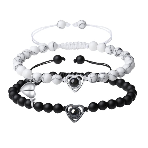 Mightlink 2Pcs/Set His Her Matching Bracelets Projection 100 Languages I Love You Couple Bracelets Heart Pairing Adjustable Beads Bracelets Jewelry Gift