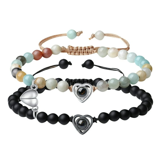 Mightlink 2Pcs/Set His Her Matching Bracelets Projection 100 Languages I Love You Couple Bracelets Heart Pairing Adjustable Beads Bracelets Jewelry Gift