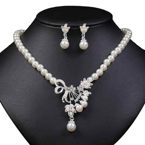 Mightlink 2Pcs/Set Wedding Flower Pendant Jewelry Set Imitation Pearl Adjustable Necklace Drop Earrings Set
