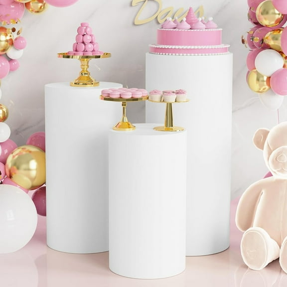 Mightlink 3Pcs Party Cylinder Pedestal Stand Cover Plinth Pillar Decorative Sleeves Birthday Party Wedding Decor Dessert Base Wrap Cloth Party Planner