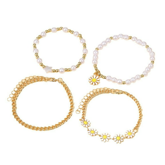 Mightlink 4Pcs Women Bracelet Set Adjustable Length Hollow Out Chain Faux Pearl Flower Stainless Bangle Wrist Jewelry