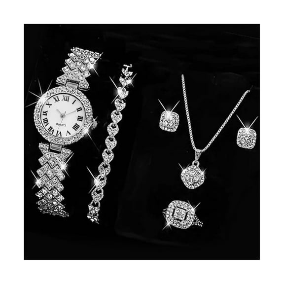 Mightlink 5Pcs/Set Women Luxury Shiny Jewelry Set Round Dial Quartz Watch Charm Necklace Stud Earrings Finger Ring Set