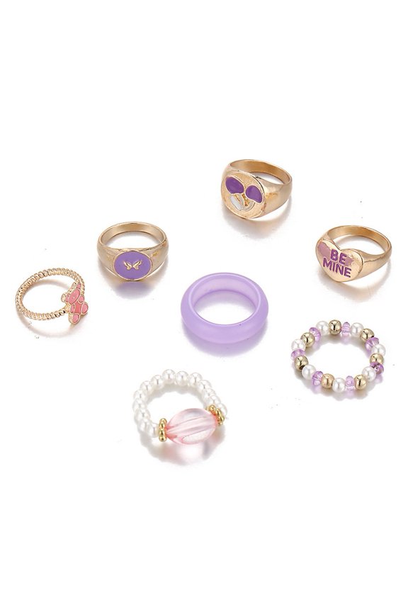 7Pcs/Set Violet Beads Women Ring Set Bear Heart Floral Butterflies Pattern Knuckle Rings Letter Print Ring Set Jewelry Gift