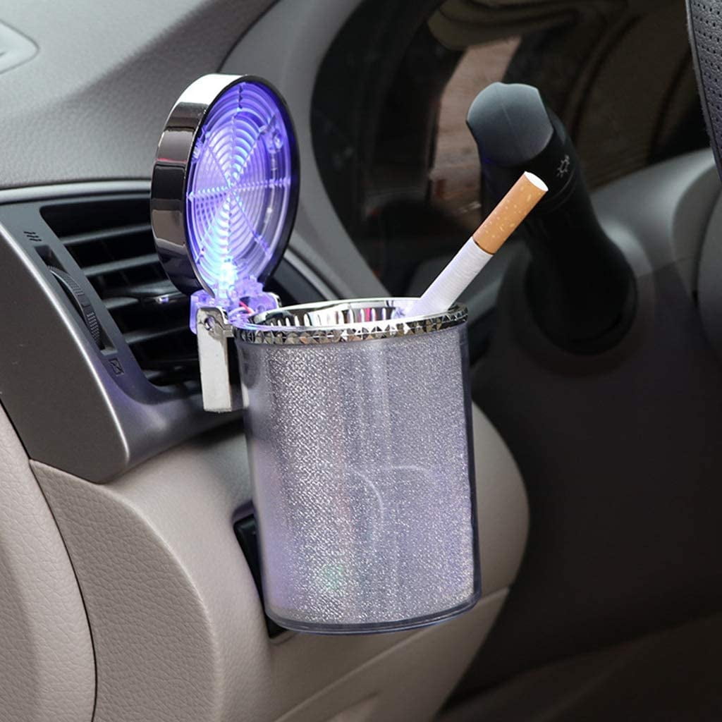 Mightlink Auto Car Ashtray, Portable with LED Light Ashtray, Smokeless Smoking Stand Cylinder Cup Holder, Silver