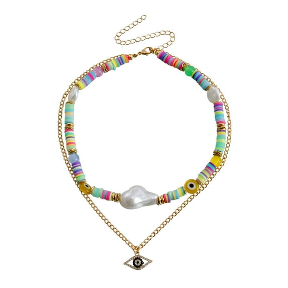 Mightlink Boho Layered Turquoise Necklaces Women Soft Pottery Devil's Eye Necklaces Wear Colorful Necklace Statement Jewelry for Party Beach Summer