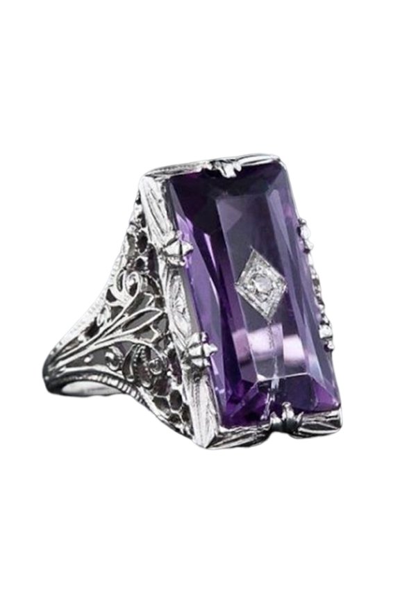 Chamfer Rectangular Bright Luster Women Ring Hollow Embossed Flower Pattern Faux Purple Crystal Ring Jewelry Accessories
