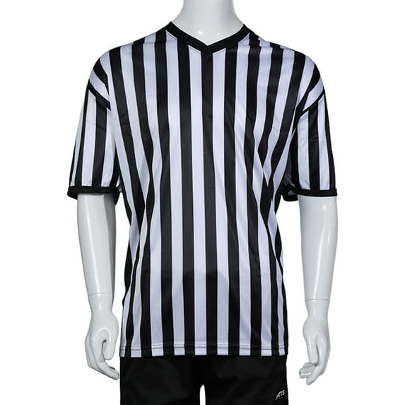 Mightlink Court Uniform Striped Shape Short Sleeve V-neck Sweat Absorption Anti-Deformed Referee Wearing Polyester Fiber Sporting Goods Collared Referee Shirt for Sports
