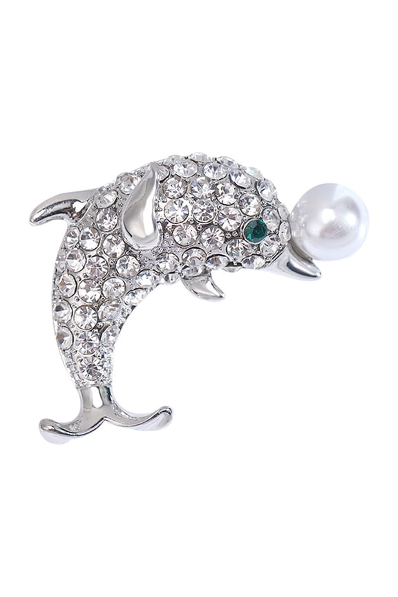Cute Dolphin Shape Brooch Sparkling Faux Pearl Decor Pin Shawl Scarf Hat Outfit Animal Badge Jewelry Gift