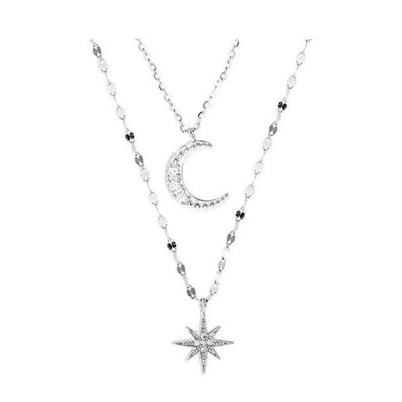 Mightlink Double Layer Necklace for Women Twinkle Star Moon Choker Necklace Faux Diamond Pendant Clavicle Chain Jewelry Accessories