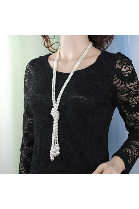 Faux Pearl Necklace White Color Knotted Beaded Long Tassel Neck Chain Elegant Dress-Up Alloy Jewelry Women Dress Sweater Necklace Accessories Jewelry Gift