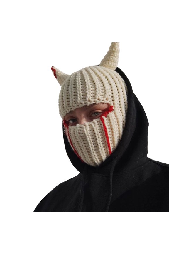 Halloween Cap Knitted Rabbit Ears Windproof Face Cover Party Prop Keep Warm Regular Fit Flower Print Horn Hat for Outdoor Sport