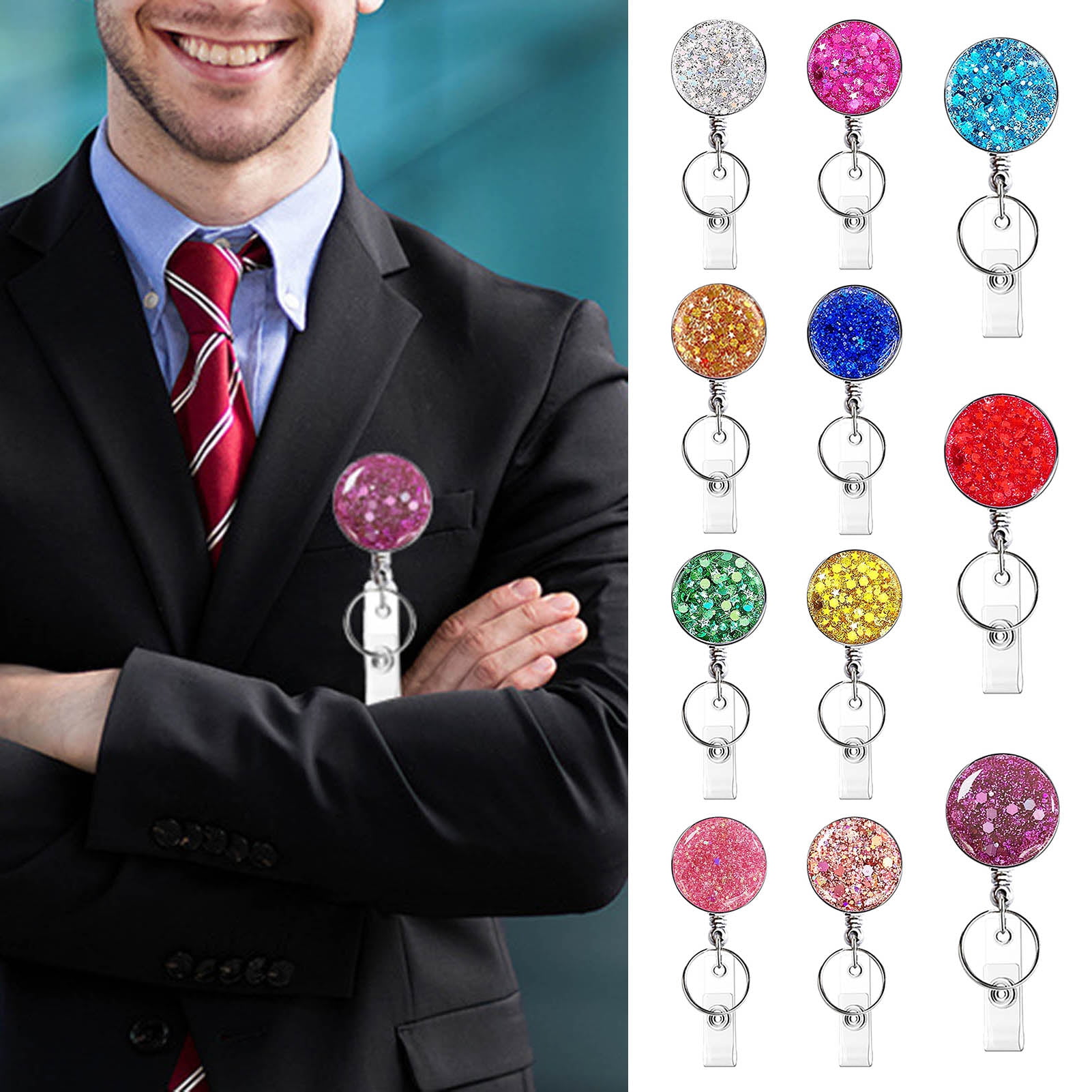 Mightlink ID Badge Holder Clip Glitter Retractable Fixing Round Pull