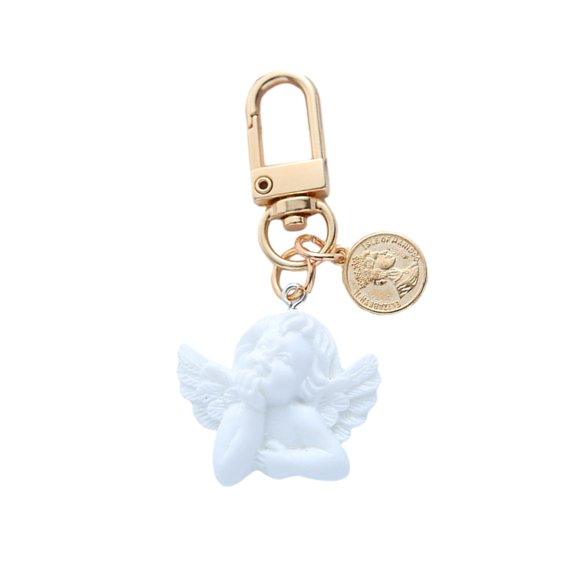 Mightlink Keychain Pendant Faux Pearl Luxury Angel Letter Round Tag Stainless Alloy Exquisite Anti-lost Shoulder Bag Schoolbag Decoration Pendant Key Holder