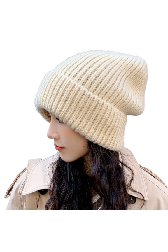 Knitted Hat Baggy Slouchy Ribbed Flanging Stretchy Keep Warm Solid Color Autumn Winter Women Men Beanie Cap for Outdoor