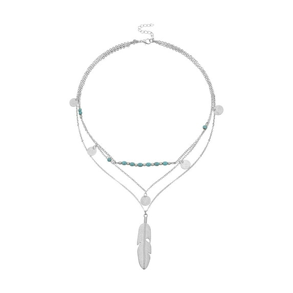 Mightlink Layered Long Necklace for Women Turquoise Stone Sequin Necklace Feather Beaded Strand Sweater Chain Necklaces Fashion Costume Jewelry Gifts