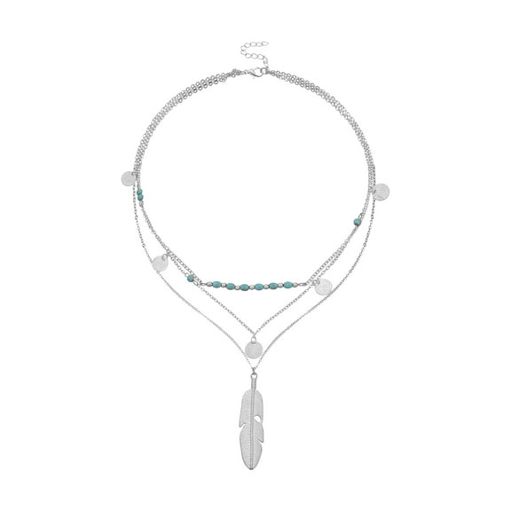 Mightlink Layered Long Necklace for Women Turquoise Stone Sequin Necklace Feather Beaded Strand Sweater Chain Necklaces Fashion Costume Jewelry Gifts