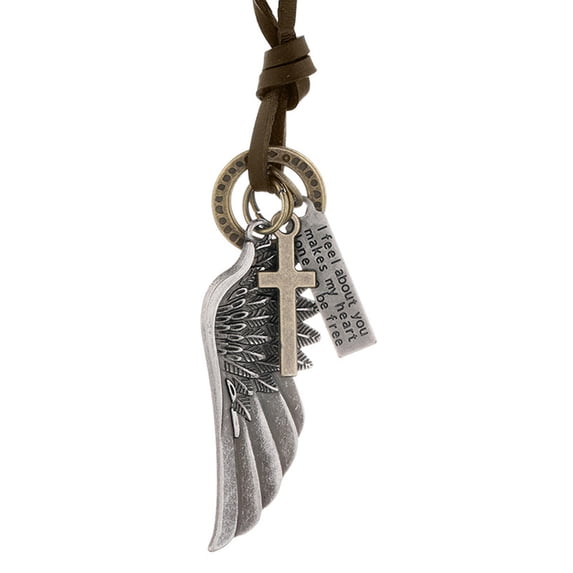 Mightlink Men Necklace Vintage Adjustable Punk Style Rope Chain All Match Decoration Faux Cowhide Angel Wing Charm Pendant Necklace Jewelry for Daily Wear