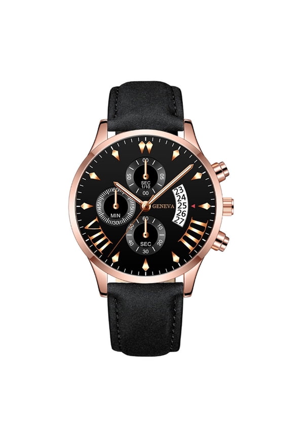 Men Quartz Watch Round Dial Three Small Dials Adjustable Faux Leather Strap Calendar No Delay Time-checking High Accuracy Daily Wristwatch Timepiece